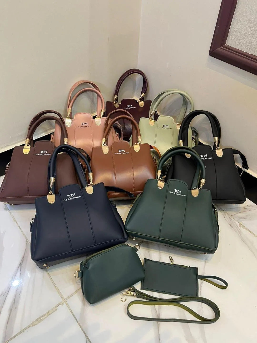 3-Piece Leather Handbag Set Brown Black Women