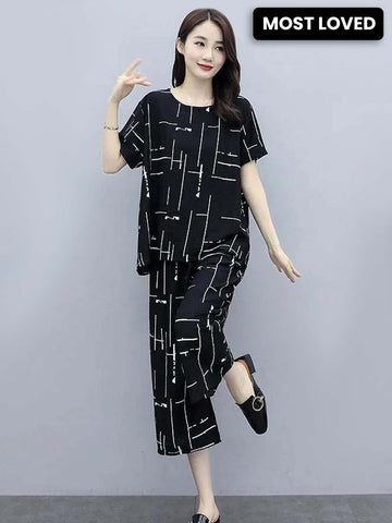 Black Capri Printed Night Suit